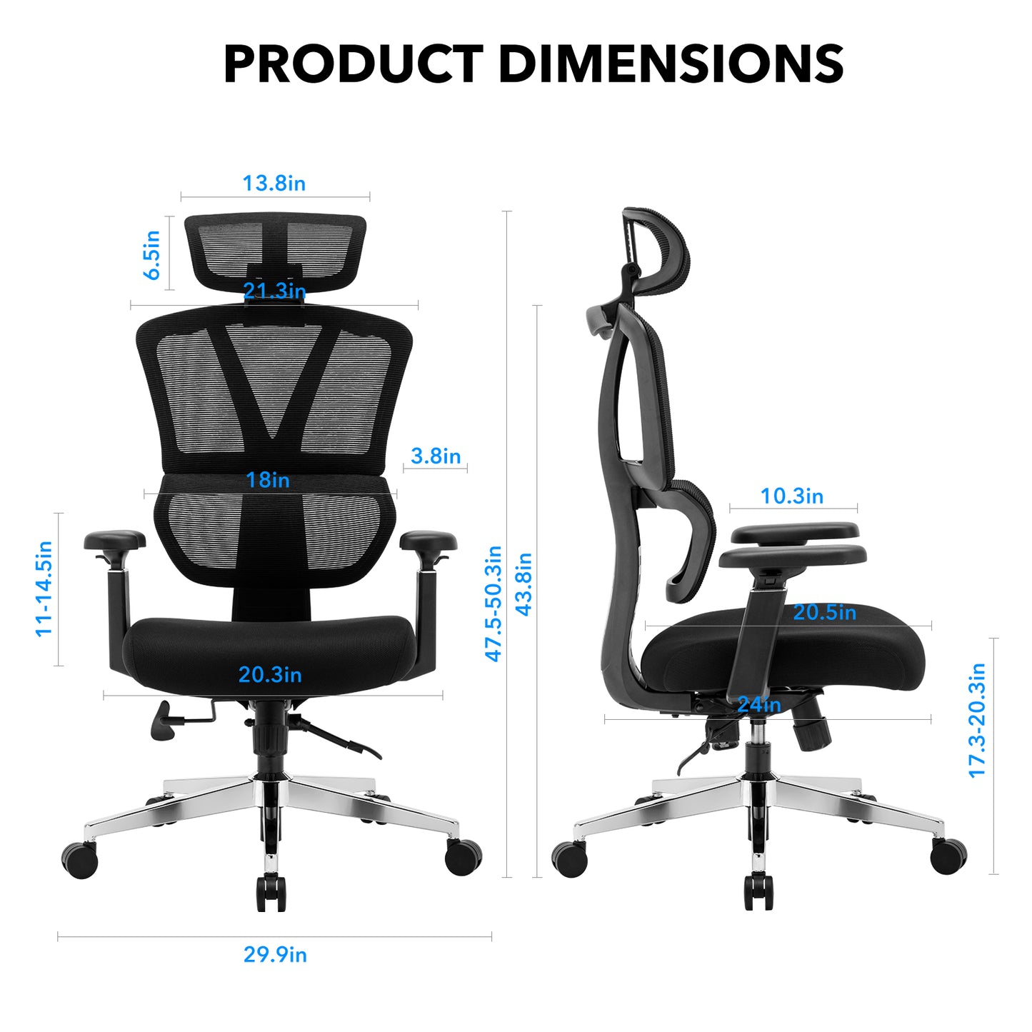 CMHY-003N Ergonomic High Back Mesh Office Chair, 3D Armrest, Adjustable Headrest, Variable Tilt - Standard Nylon Casters