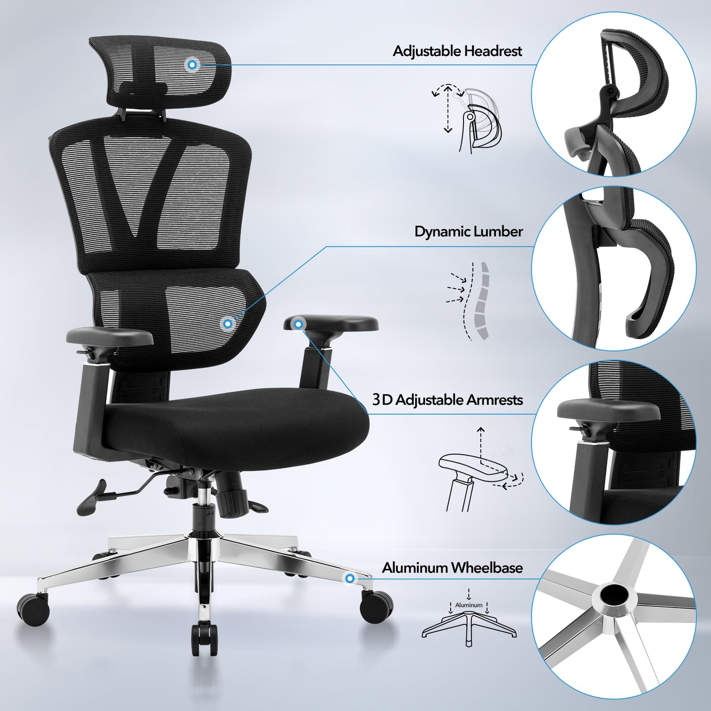 CMHY-003N Ergonomic High Back Mesh Office Chair, 3D Armrest, Adjustable Headrest, Variable Tilt - Standard Nylon Casters