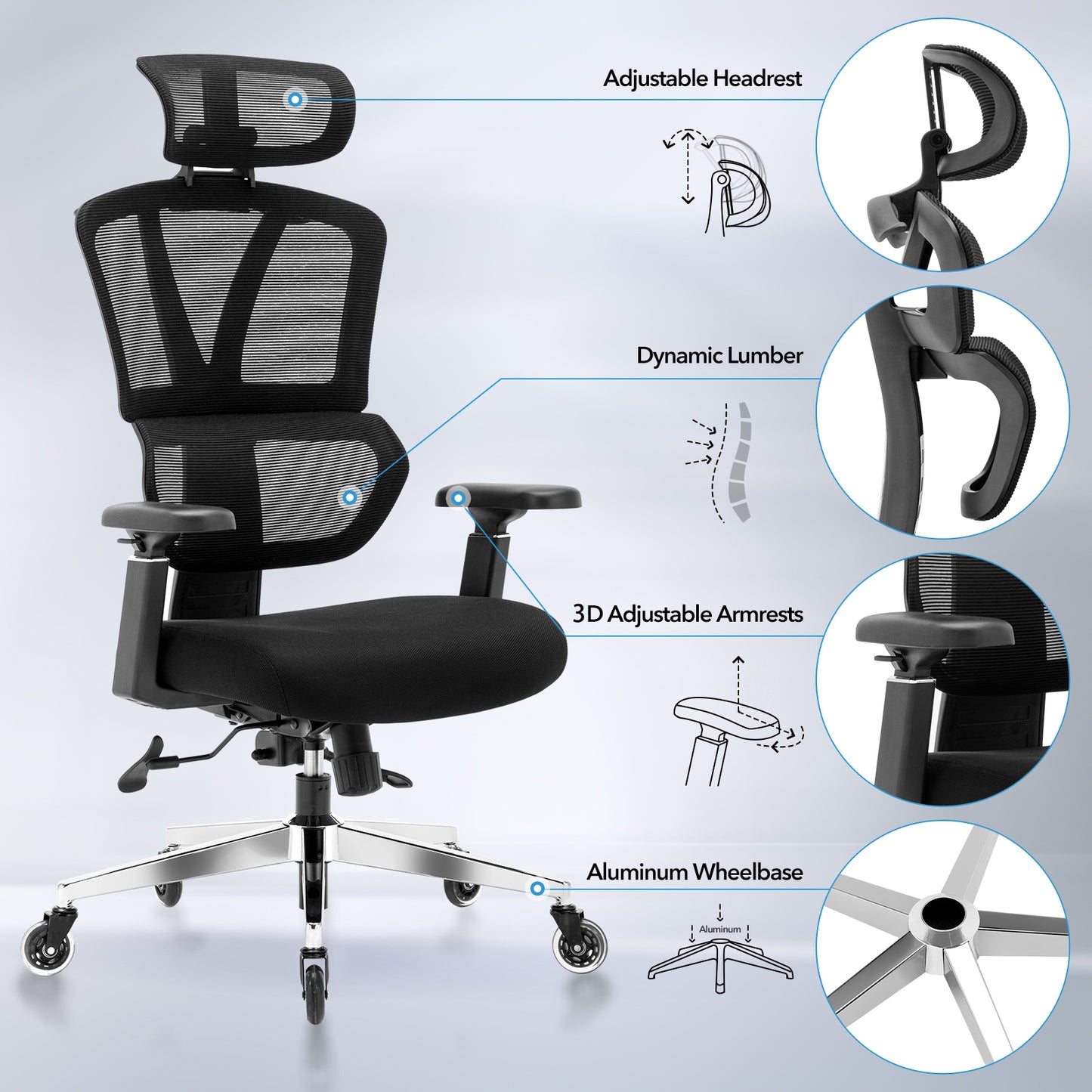 CMHY-003R Ergonomic High Back Mesh Office Chair, 3D Armrest, Adjustable Headrest, Variable Tilt - Rollerblade Casters