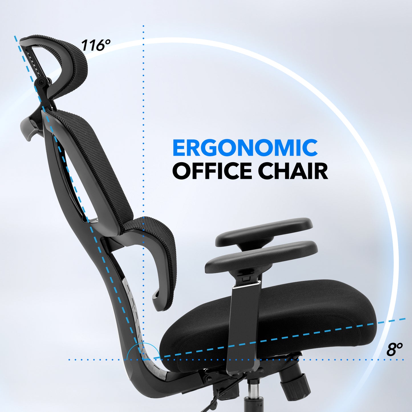CMHY-003N Ergonomic High Back Mesh Office Chair, 3D Armrest, Adjustable Headrest, Variable Tilt - Standard Nylon Casters