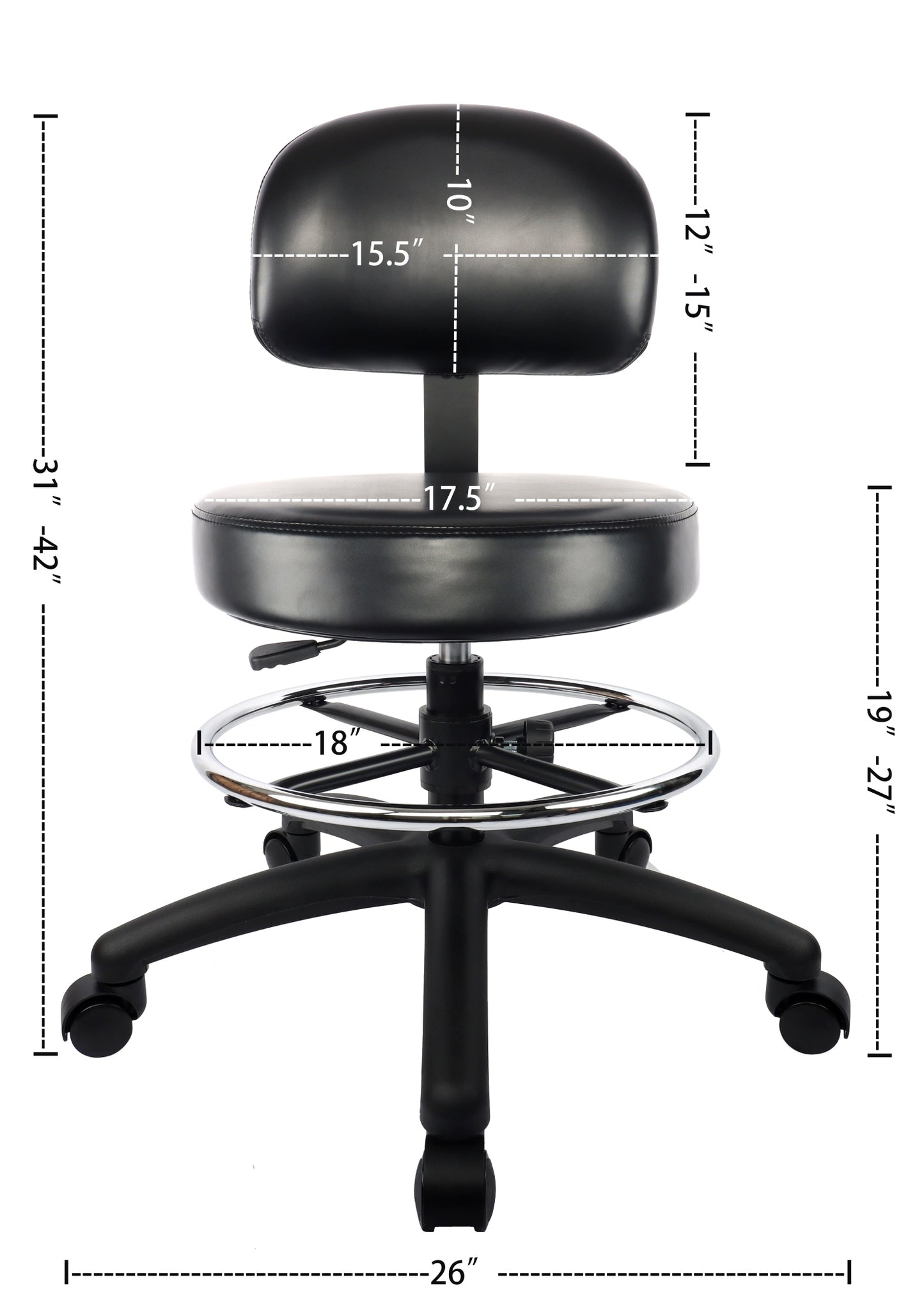 PRS-10818: MEDIUM TABLE (19"-27" Seat Height) Adjustable Round Stool With Back and Footring